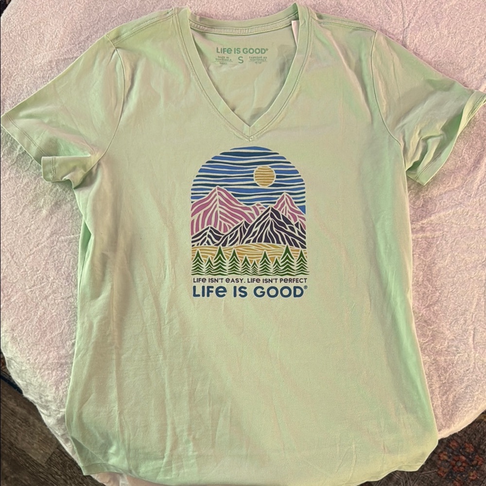 Life is Good V-Neck Tee in Light Green